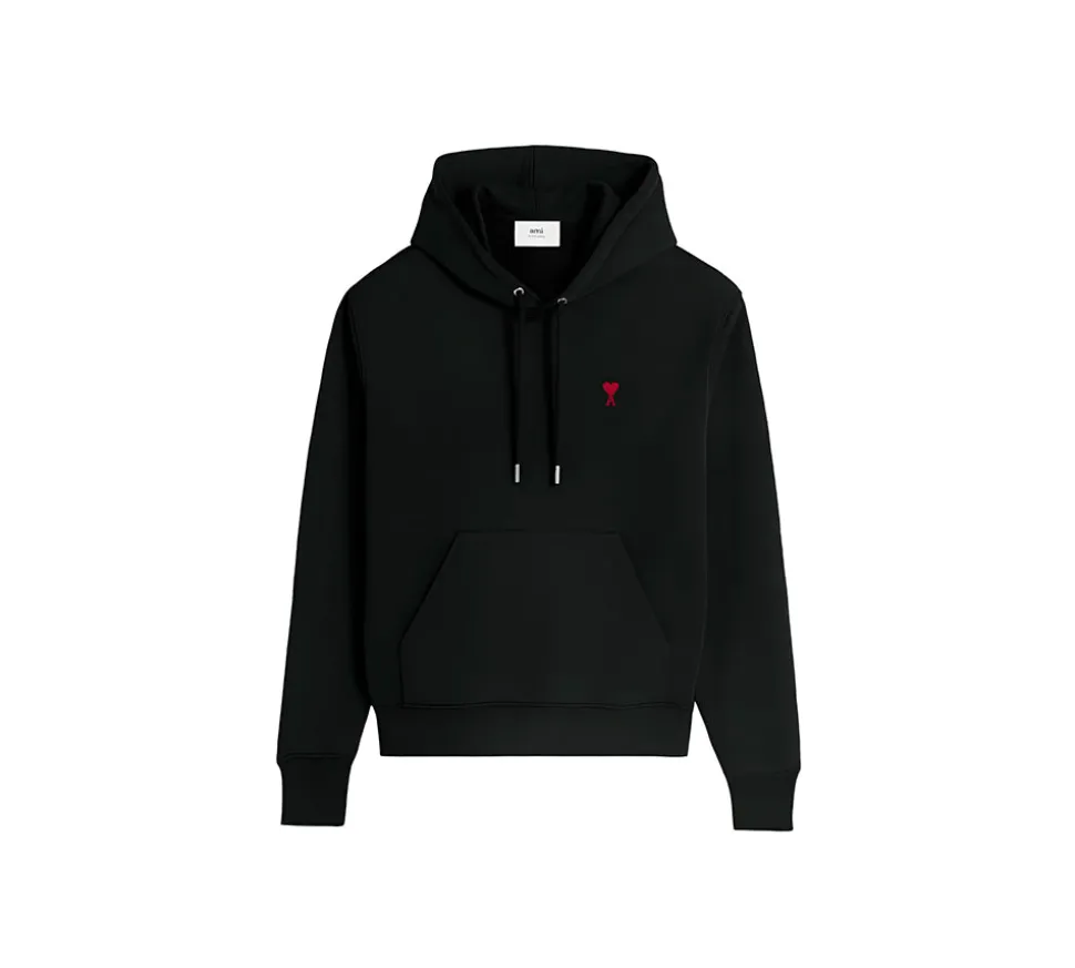 Ami Paris Small Red Ami De Coeur Hoodie - Black