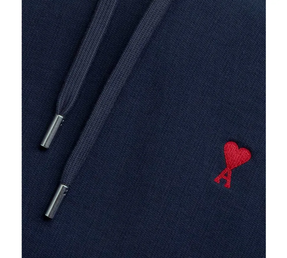 Ami Paris Small Red Ami De Coeur Hoodie - Night Blue