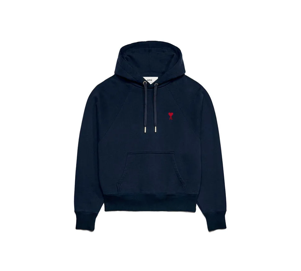 Ami Paris Small Red Ami De Coeur Hoodie - Night Blue