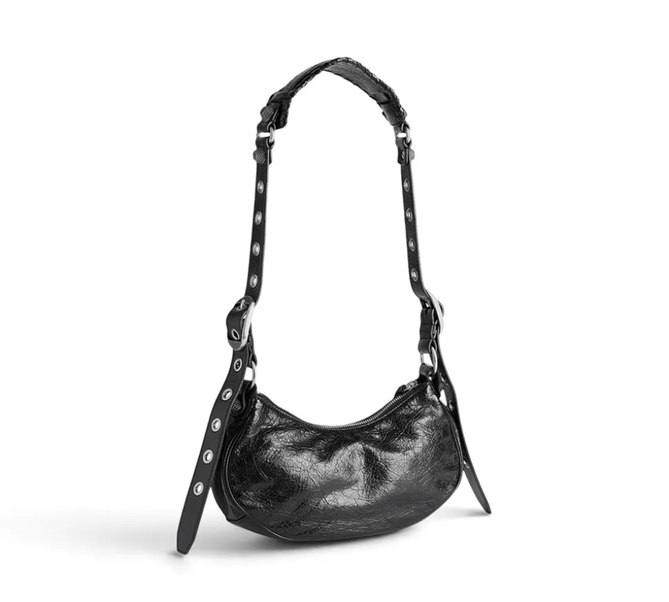 Balenciaga Le Cagole Shoulder Bag XS w/ Cardholder - Black Arena lambskin aged-silver hardware