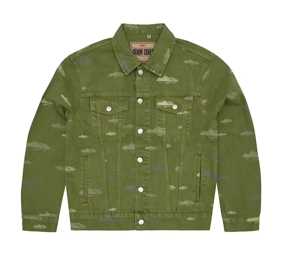 Corteiz Alcatraz Pattern Denim Jacket - Khaki