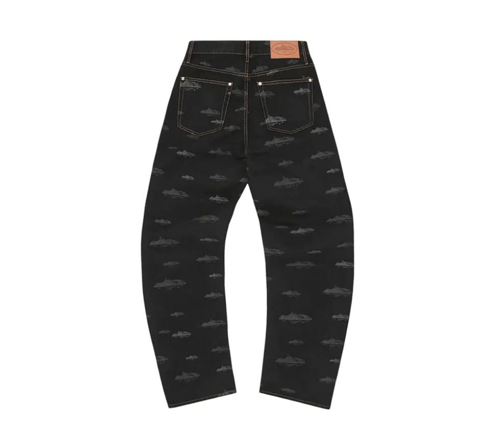 Corteiz Alcatraz Pattern Denim Jeans - Black