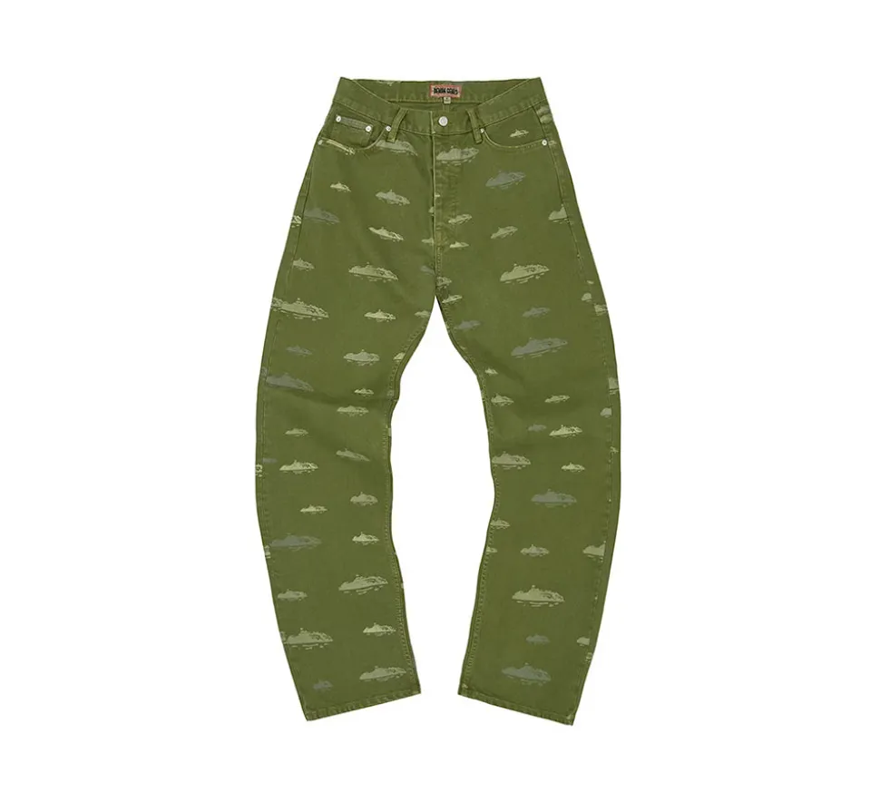 Corteiz Alcatraz Pattern Denim Jeans - Khaki