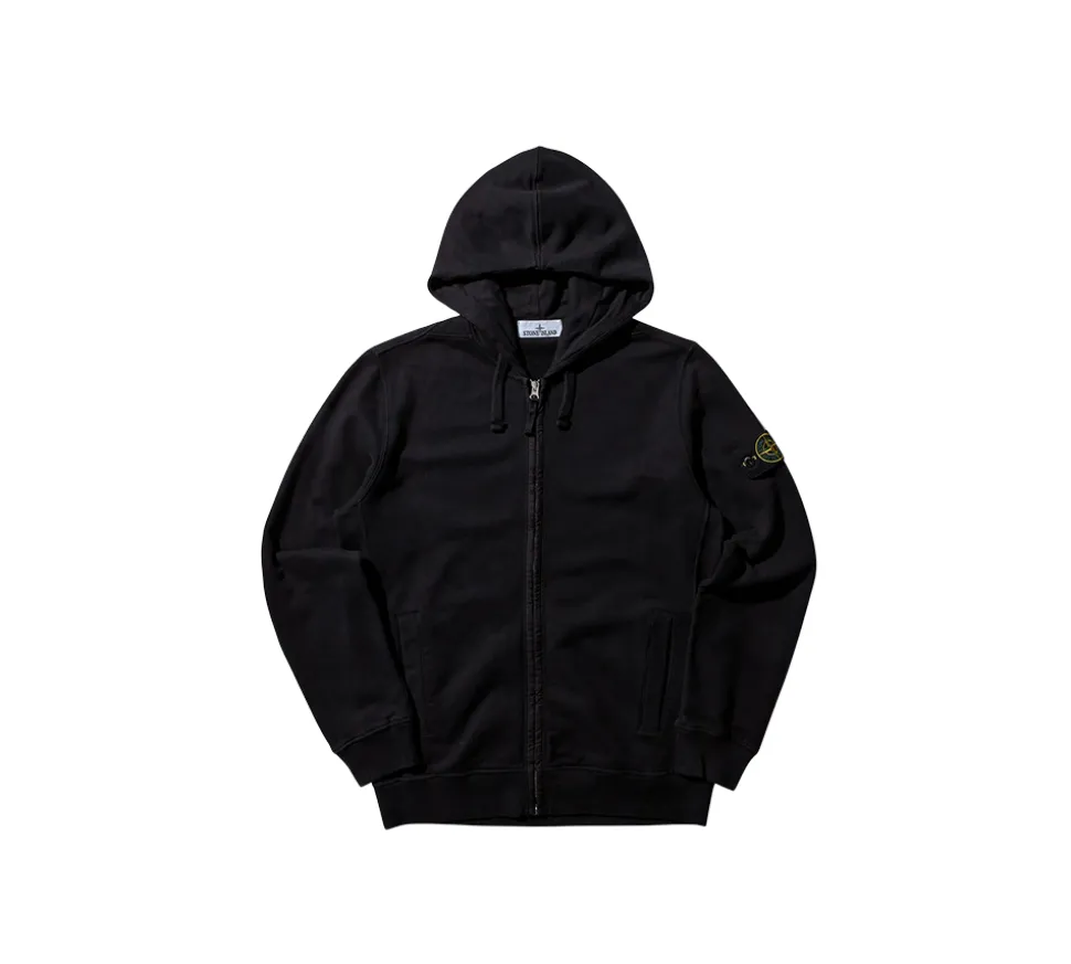 Stone Island Brushed Organic Cotton Fleece Zip Up Hoodie - Black