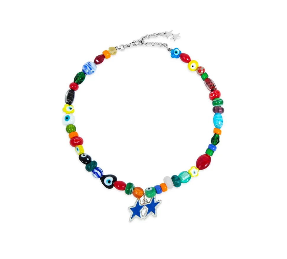 TwoJeys &&™ Blue Melted Stars Necklace - 12 microns silver plated chain w/ Stained-glass beads